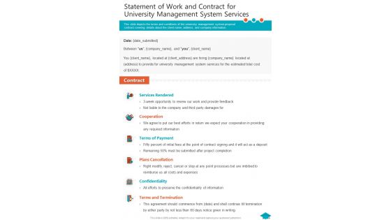 Statement Of Work And Contract For University Management System One Pager Sample Example Document