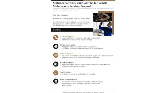 Statement Of Work And Contract For Vehicle Maintenance Services One Pager Sample Example Document