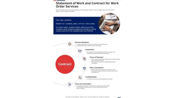 Statement Of Work And Contract For Work Order Services One Pager Sample Example Document
