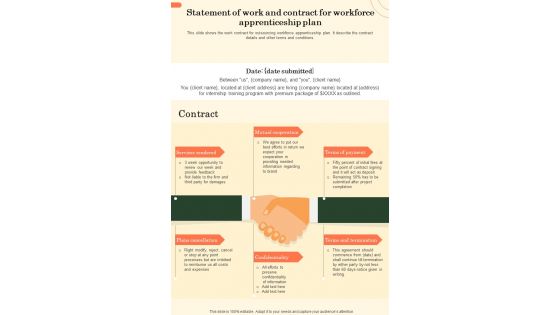 Statement Of Work And Contract For Workforce Apprenticeship Plan One Pager Sample Example Document
