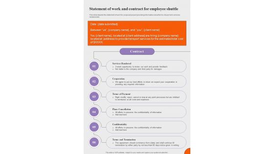 Statement Of Work And Contract Proposal For Employee Shuttle One Pager Sample Example Document