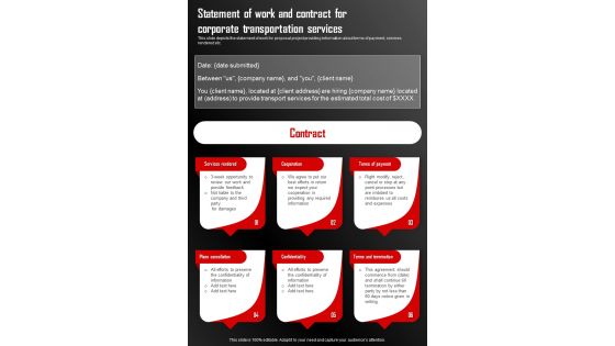 Statement Of Work And Contract Proposal To Hire Corporate One Pager Sample Example Document