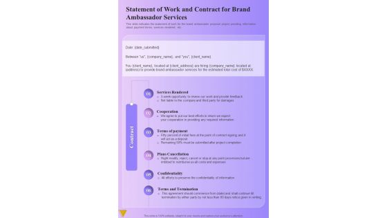 Statement Of Work Contract For Brand Ambassador Services One Pager Sample Example Document