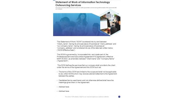Statement Of Work Of Information Technology Outsourcing One Pager Sample Example Document