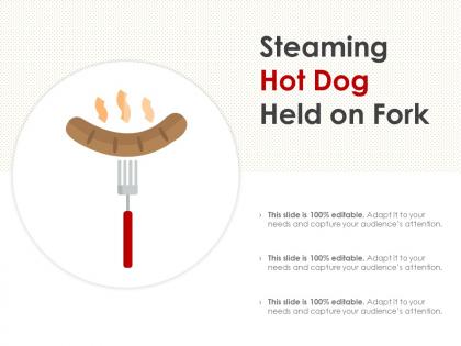 Steaming hot dog held on fork