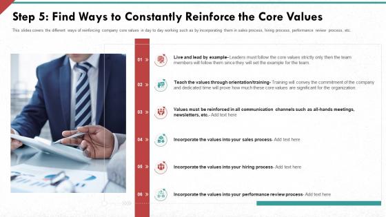 Step 5 find ways to constantly reinforce the core values developing strong organization culture in business