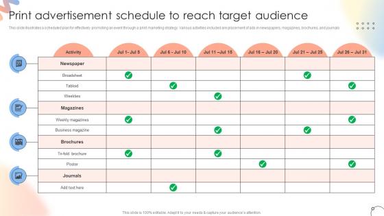 Steps For Conducting Product Launch Event Print Advertisement Schedule To Reach Target Audience