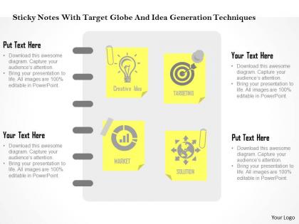 Sticky notes with target globe and idea generation techniques flat powerpoint design