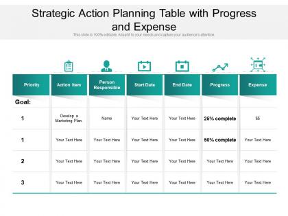 Strategic action planning table with progress and expense