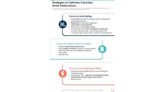 Strategies To Optimize Franchise Email Performance One Pager Sample Example Document