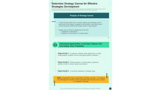 Strategy Determine Strategy Canvas For Effective Strategies One Pager Sample Example Document