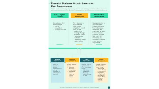 Strategy Essential Business Growth Levers For Firm Development One Pager Sample Example Document