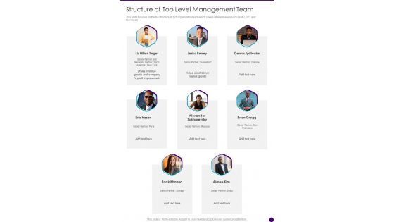 Structure Of Top Level Management Team One Pager Sample Example Document