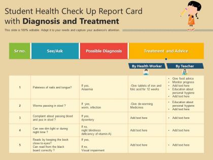 Student health check up report card with diagnosis and treatment