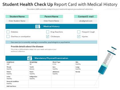 Student health check up report card with medical history