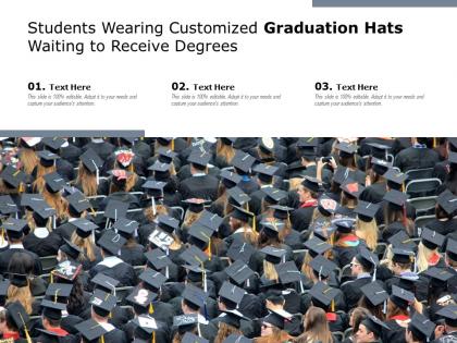 Students wearing customized graduation hats waiting to receive degrees
