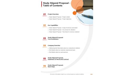 Study Stipend Proposal Table Of Contents One Pager Sample Example Document