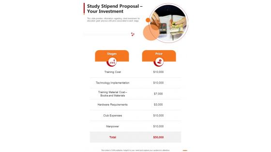 Study Stipend Proposal Your Investment One Pager Sample Example Document