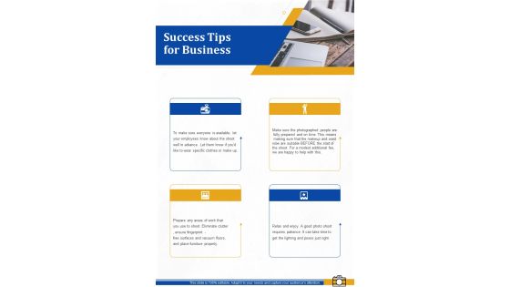 Success Tips For Business Corporate Photography Proposal Template One Pager Sample Example Document