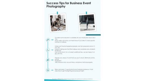 Success Tips For Business Event Photography One Pager Sample Example Document