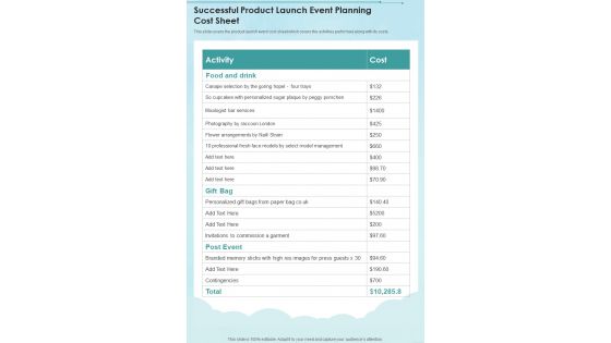 Successful Product Launch Event Planning Cost Sheet One Pager Sample Example Document