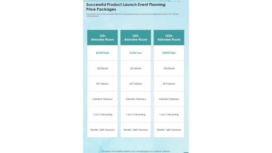 Successful Product Launch Event Planning Price Packages One Pager Sample Example Document