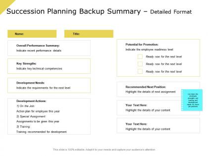 Succession planning backup summary detailed format overall performance ppt presentation grid