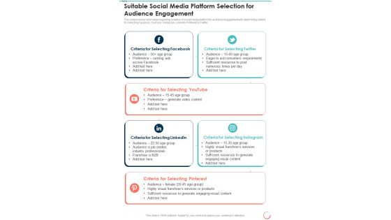 Suitable Social Media Platform Selection For Audience Engagement One Pager Sample Example Document