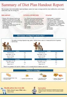 Summary of diet plan handout report presentation report infographic ppt pdf document