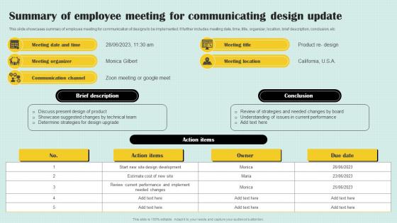Summary Of Employee Meeting For Communicating Design Update