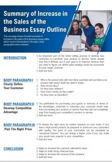 Summary of increase in the sales of the business essay outline presentation report infographic ppt pdf document