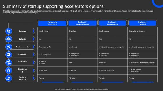 Summary Of Startup Supporting Accelerators Options