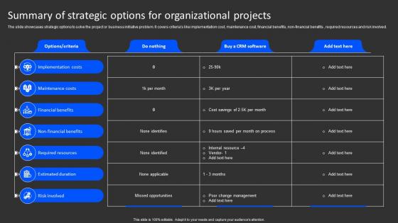 Summary Of Strategic Options For Organizational Projects