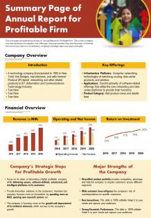 Summary page of annual report for profitable firm presentation report infographic ppt pdf document