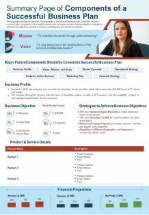 Summary page of components of a successful business plan report ppt pdf document