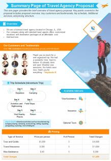 Summary page of travel agency proposal presentation report infographic ppt pdf document