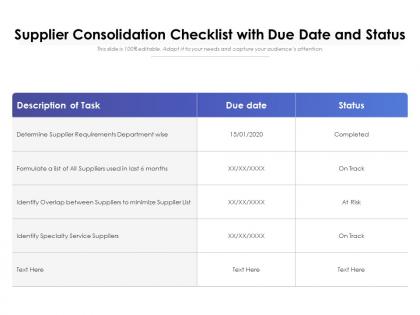 Supplier consolidation checklist with due date and status