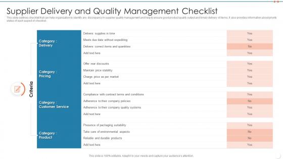 Supplier delivery and quality management checklist