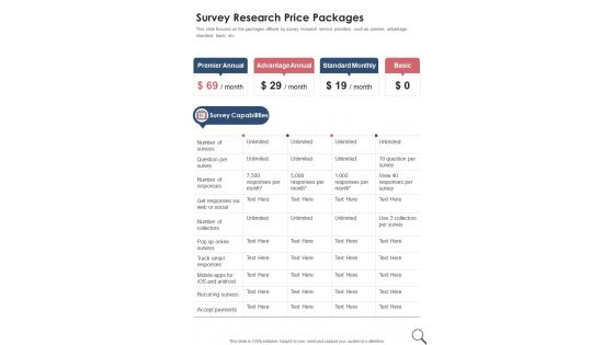 Survey Research Price Packages One Pager Sample Example Document