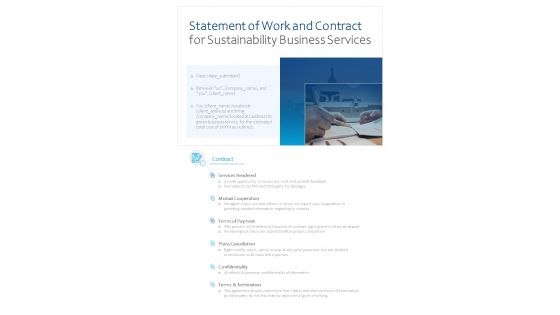 Sustainability Business Services For Statement Of Work And Contract One Pager Sample Example Document