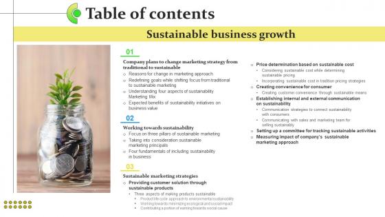 Sustainable Business Growth Table Of Contents Ppt Information