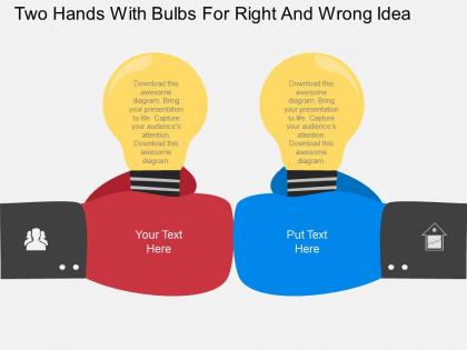 Sy two hands with bulbs for right and wrong idea flat powerpoint design