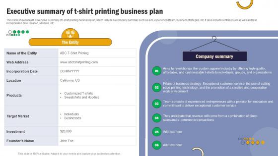 T Shirt Printing Executive Summary Of T Shirt Printing Business Plan BP SS