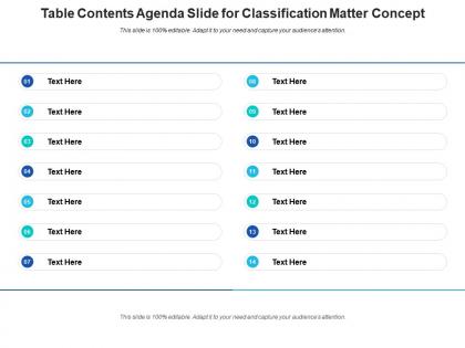 Table contents agenda slide for classification matter concept infographic template
