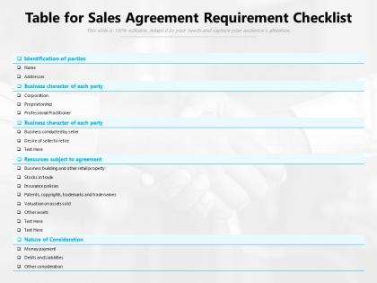 Table for sales agreement requirement checklist