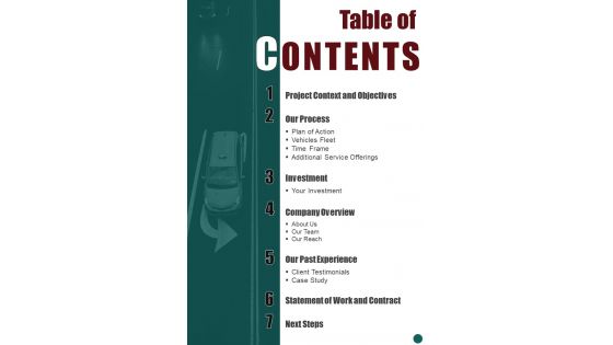 Table Of Business Proposal For Transport Company One Pager Sample Example Document