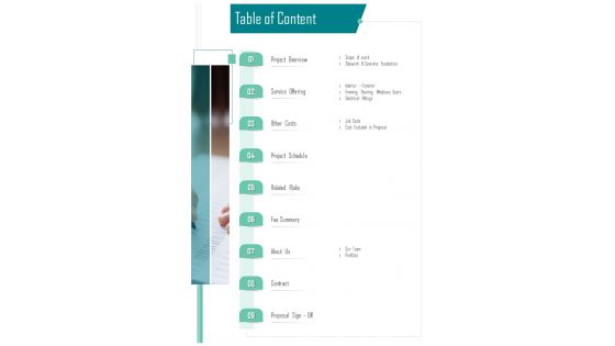 Table Of Content Construction Proposal Template One Pager Sample Example Document