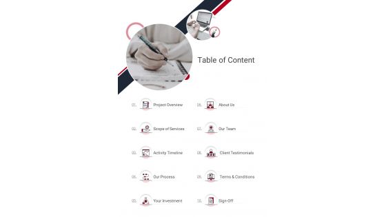 Table Of Content Copywriting Services Proposal One Pager Sample Example Document