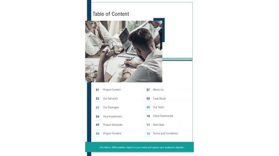 Table Of Content Creative Service Proposal One Pager Sample Example Document