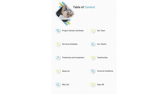 Table Of Content Digital Content Marketing Proposal One Pager Sample Example Document